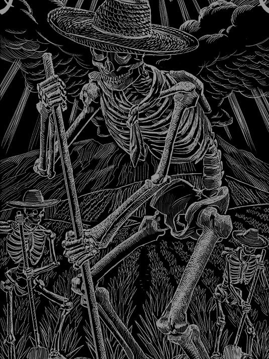 Black and white drawing of skeletons wearing sun hats working in an agave field.