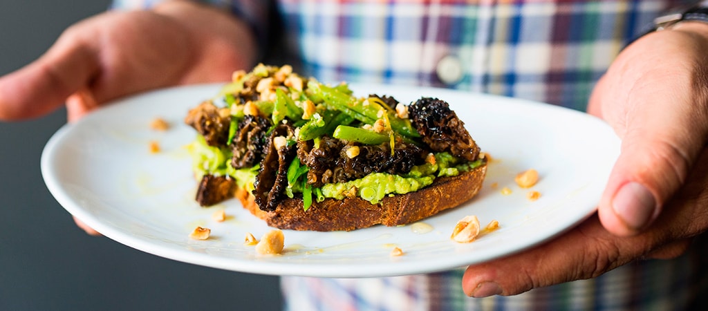 Warm Avocado Tartine with Morel Mushrooms and Pea Salad