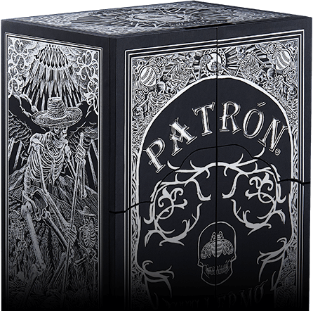 Decorative black and white box reading Patrón with a skull.