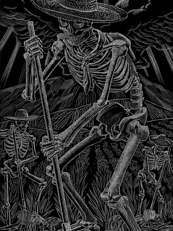 Black and white drawing of skeletons wearing sun hats working in an agave field.