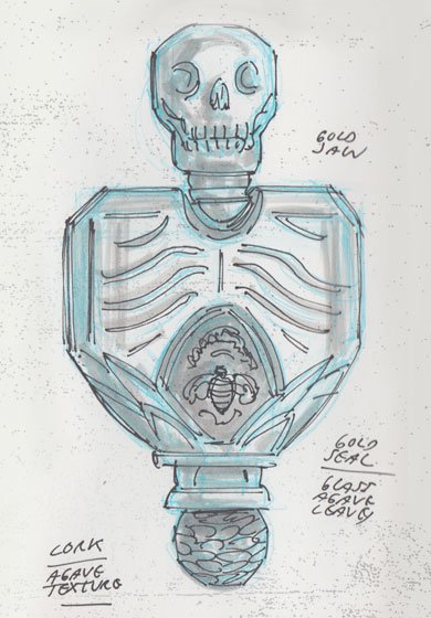 Sketch of a skull on top of a Patrón tequila bottle.