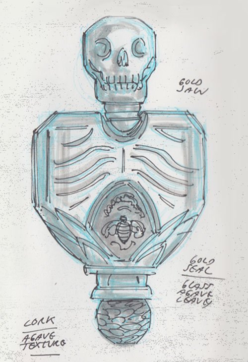 Sketch of a skull on top of a Patrón tequila bottle.