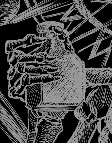 Black and white drawing of skeleton hands holding a liquor bottle.