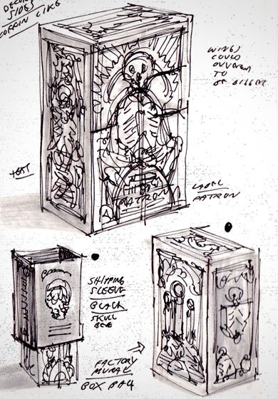 Sketches of boxes with skulls and skeletons depicted on them.