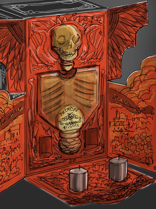 Drawing of an opened red box with a bottle of Patrón tequila inside with a skull at the top of the bottle. 