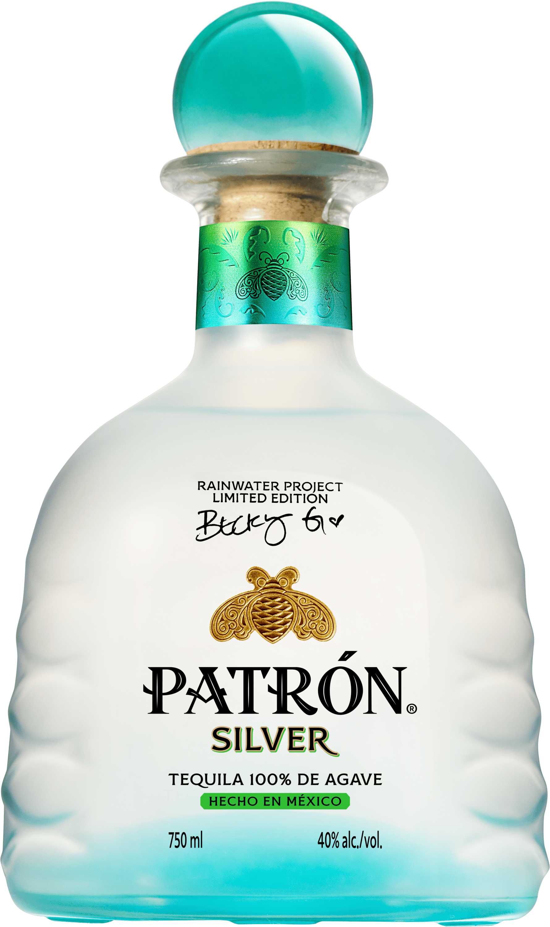 PATRÓN Silver x Becky G limited-edition tequila bottle featuring turquoise accents from the Rainwater Project Collection.