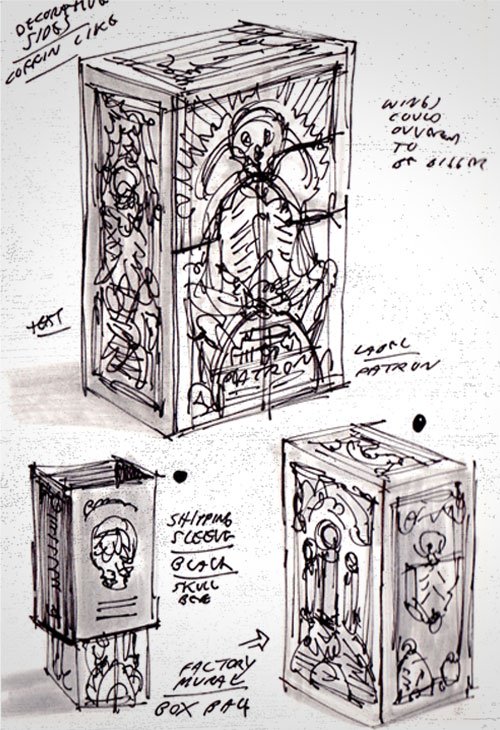 Sketches of boxes with skulls and skeletons depicted on them.